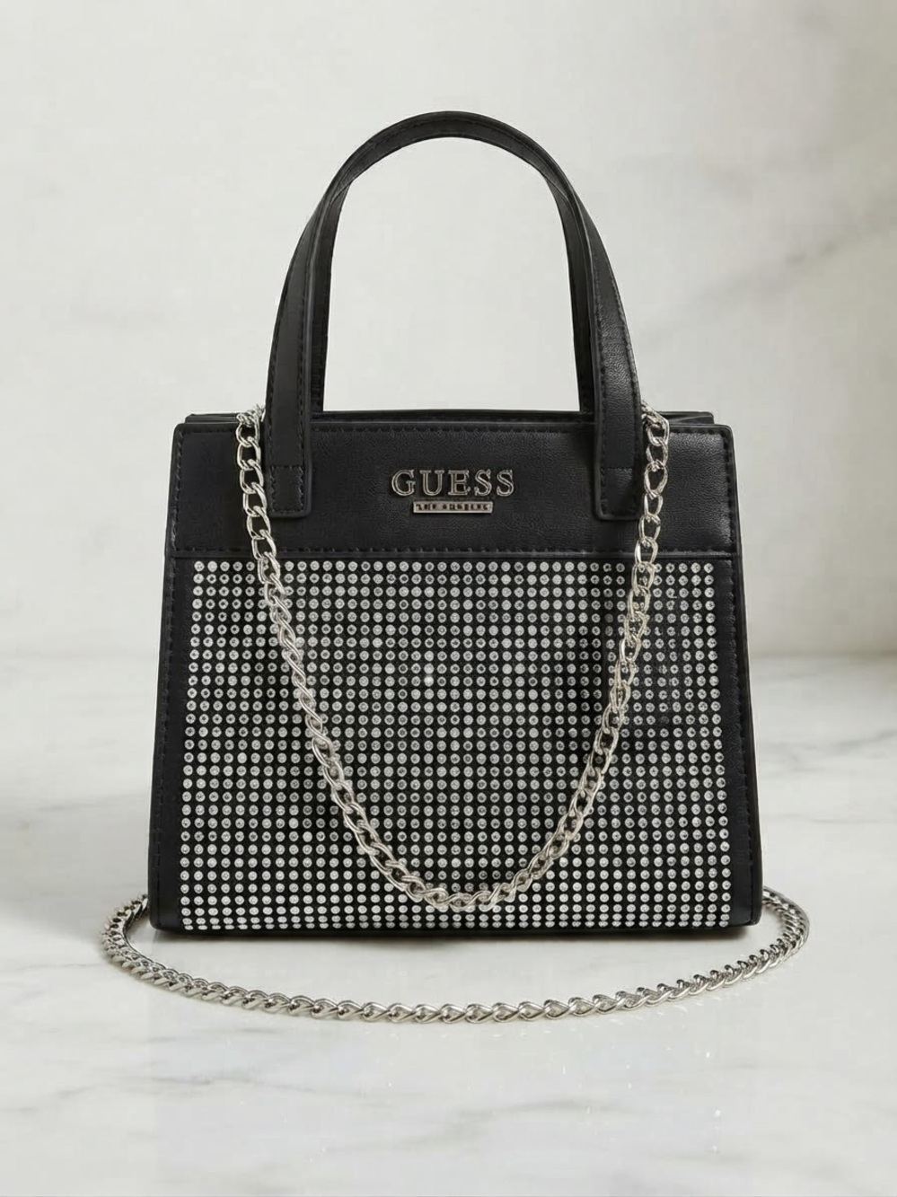 GUESS Black Mini Satchel with Silver Rhinestone Panel
